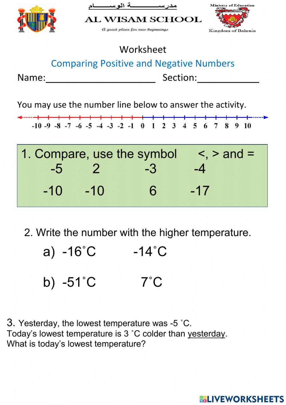 Comparing Positive And Negative Numbers Worksheets Comparing Positive And Negative Numbers Worksheets