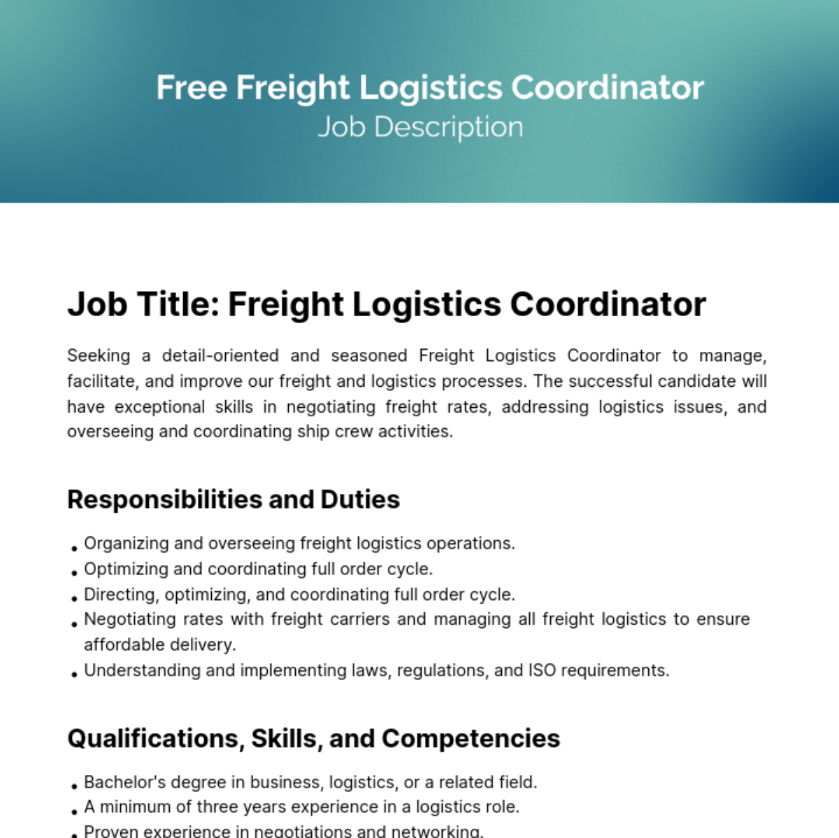 Free Freight Logistics Coordinator Job Description Template Edit Free Freight Logistics Coordinator Job Description Template Edit