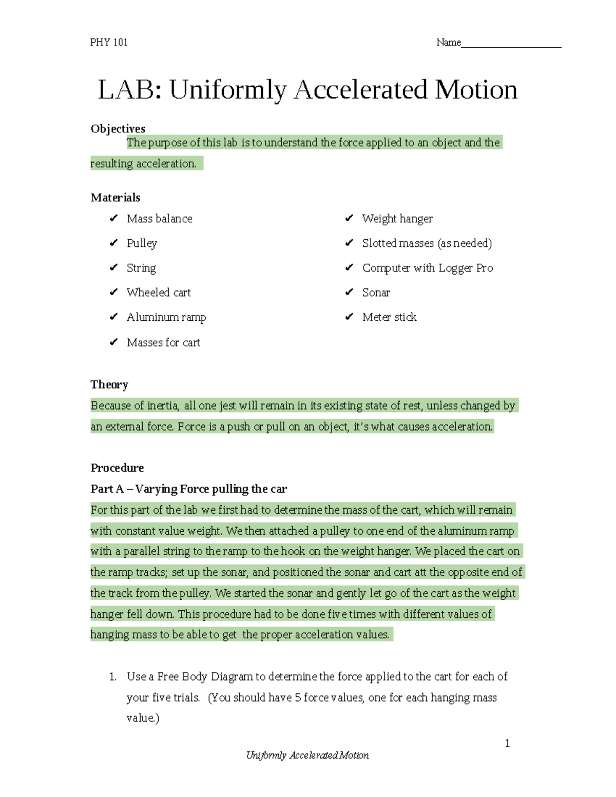 Lab 5 Uniformly Acclerated Motion Phy 101 Name Lab 5 Uniformly Acclerated Motion Phy 101 Name