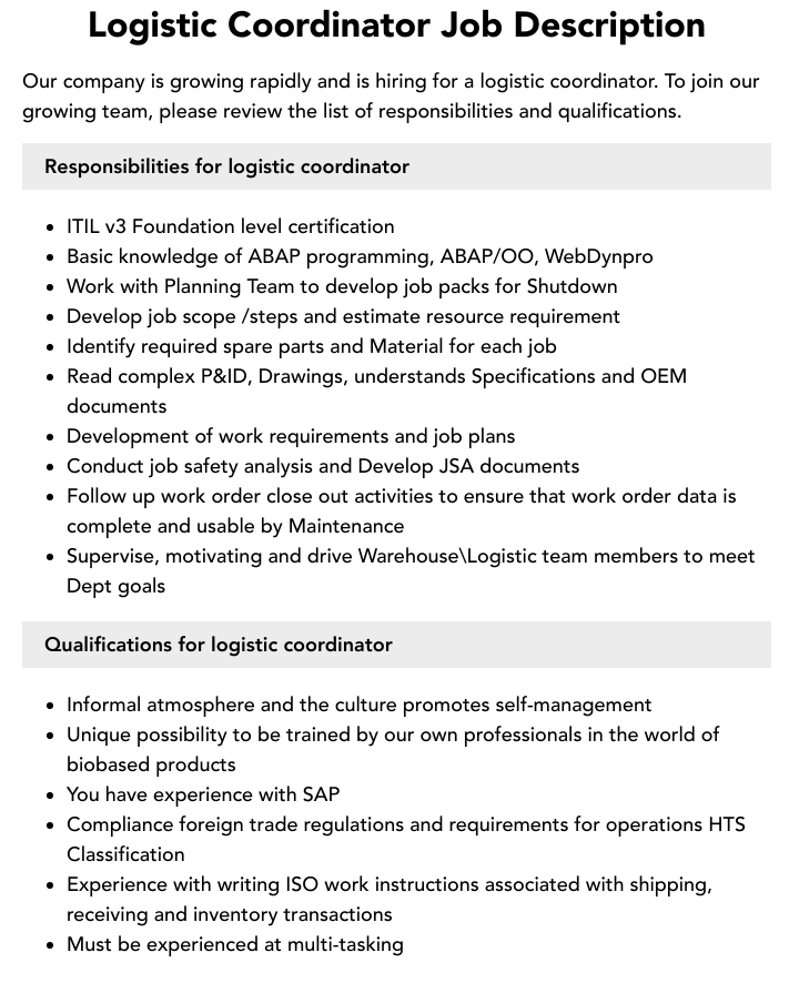 Logistics Coordinator Job Description: Key Responsibilities & Skills